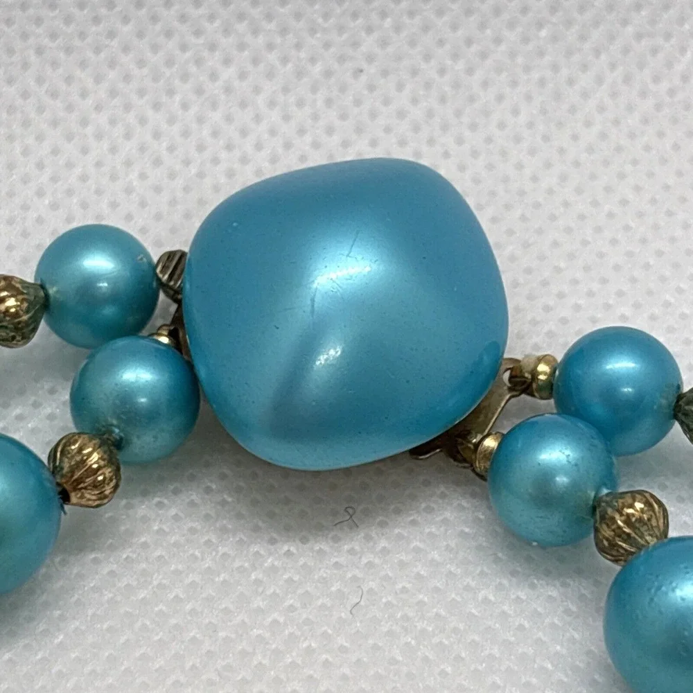 Vintage Aqua Blue Green Plastic Bead 2 Strand Tiered 16'' Necklace 1960s Retro‎